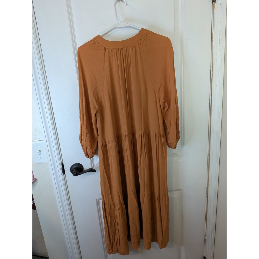 Gibson Latimer Rust Orange‎ Tiered Midi Dress V-Neck Long Puff Sleeve Boho Lined - Picture 4 of 5